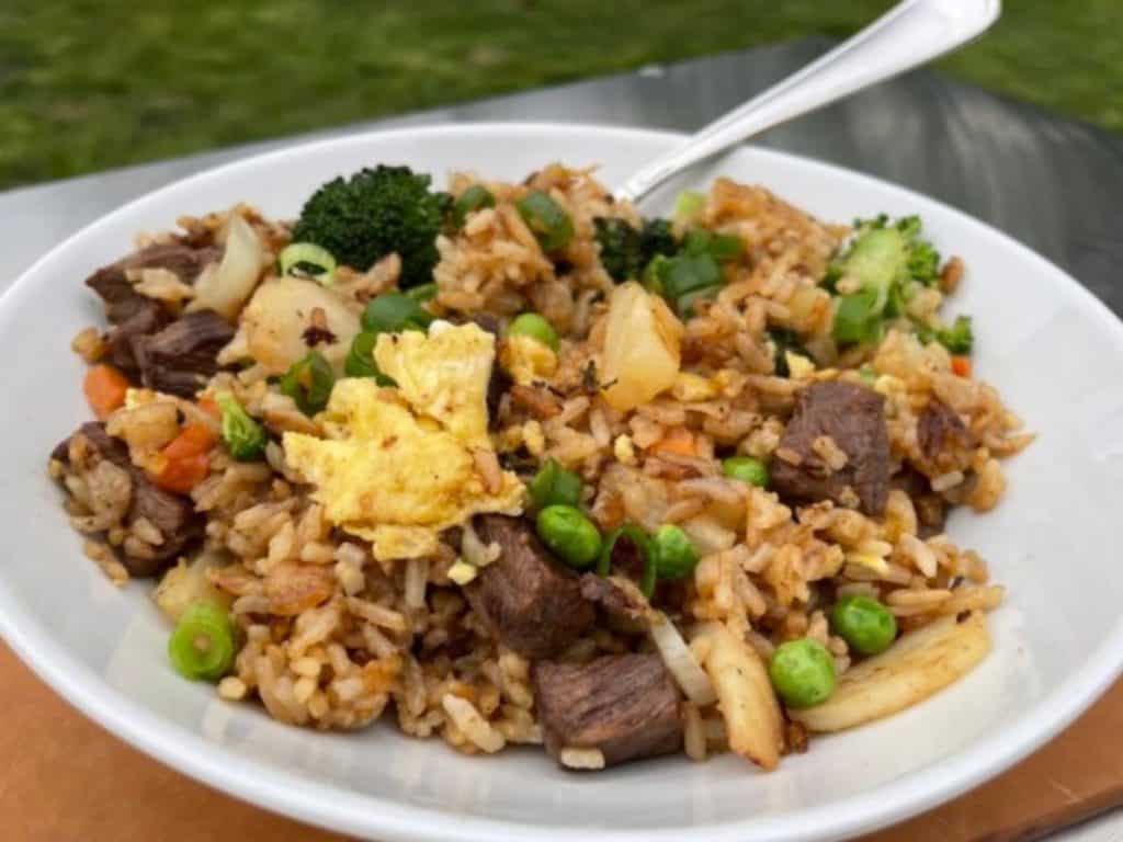 Plate of Blackstone fried rice full of steak, shrimp, eggs, and fresh vegetables.
