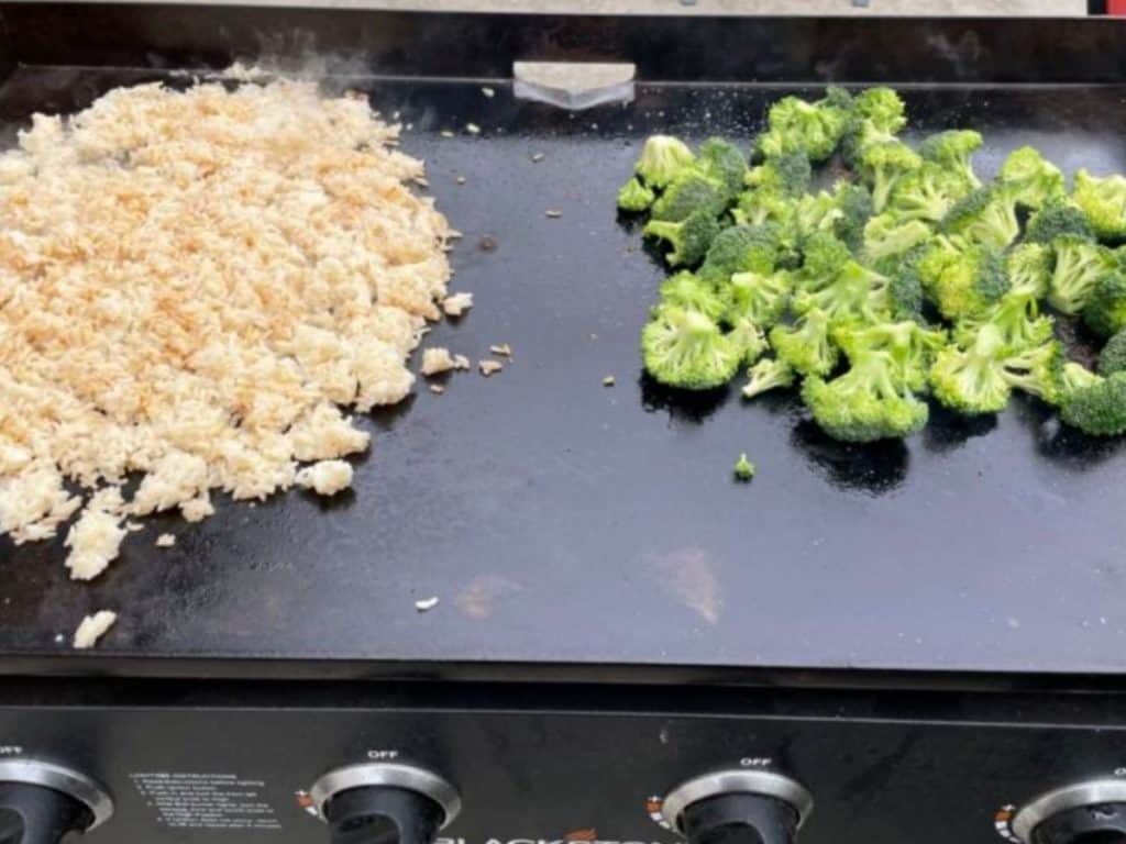 Rice and broccoli cooking on the Blackstone griddle.