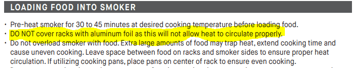 Screenshot of Masterbuilt owner's manual which states "DO NOT cover racks with aluminum foil as this will not allow heat to circulate properly."