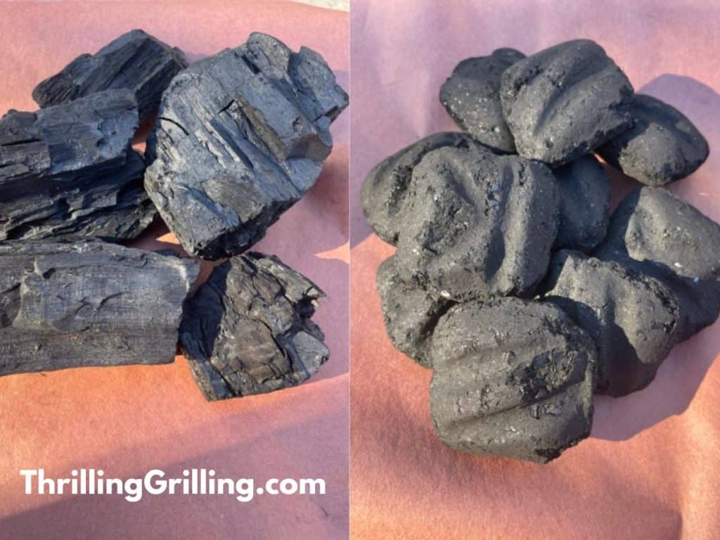 Piles of lump charcoal vs briquettes demonstrating the difference in shape