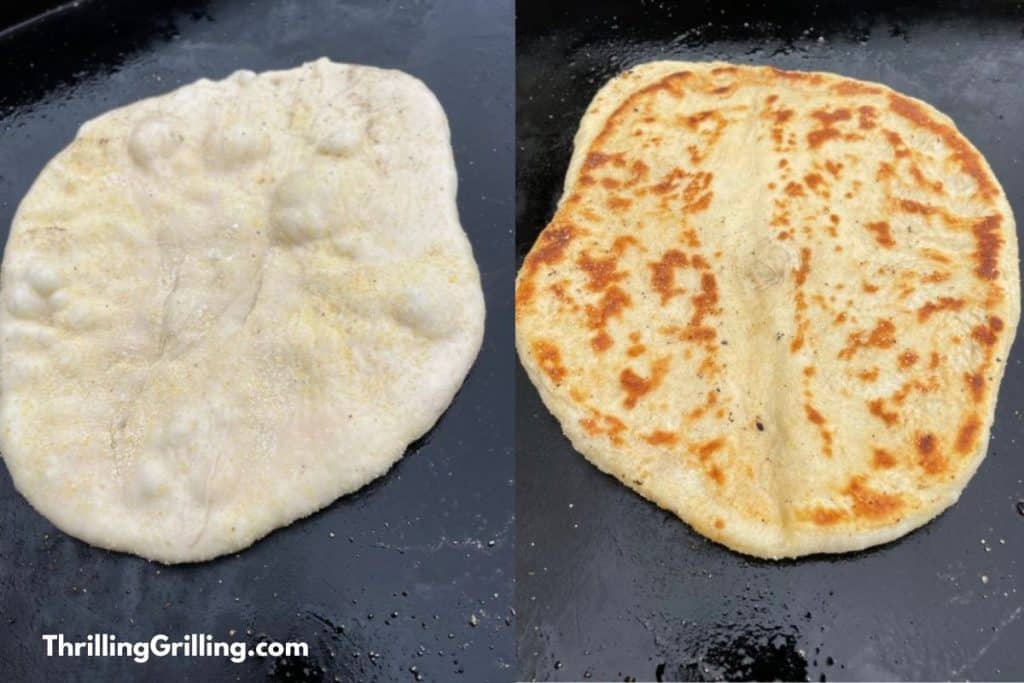 Two sides of pizza dough cooking on a griddle, before and after flipping