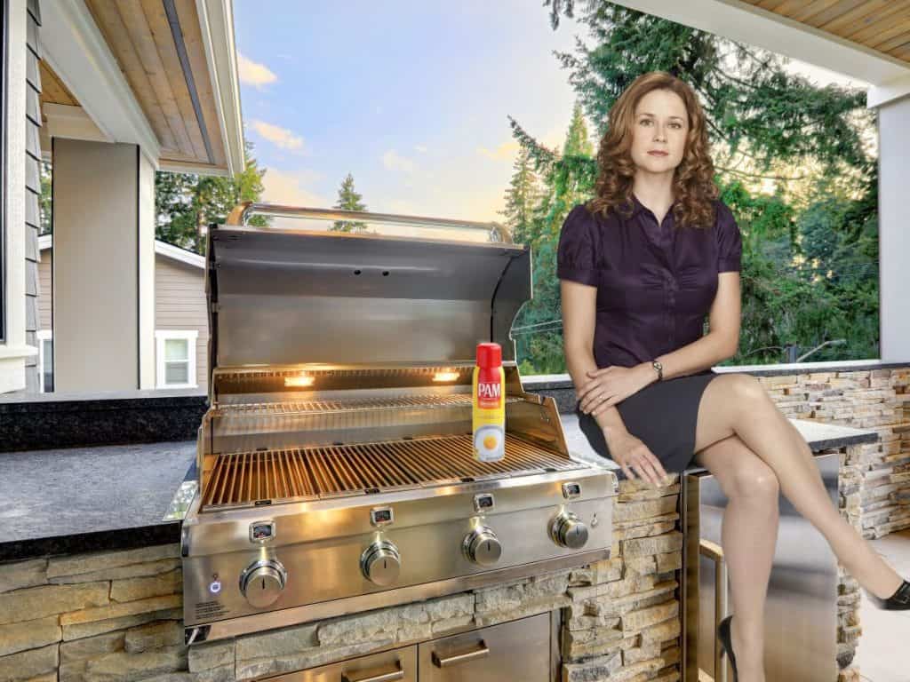A badly photoshopped picture showing an outdoor grill with a can of Pam on it, and Pam Beesly from the office sittingon the counter next to the grill. Hence, "Pam on a grill"