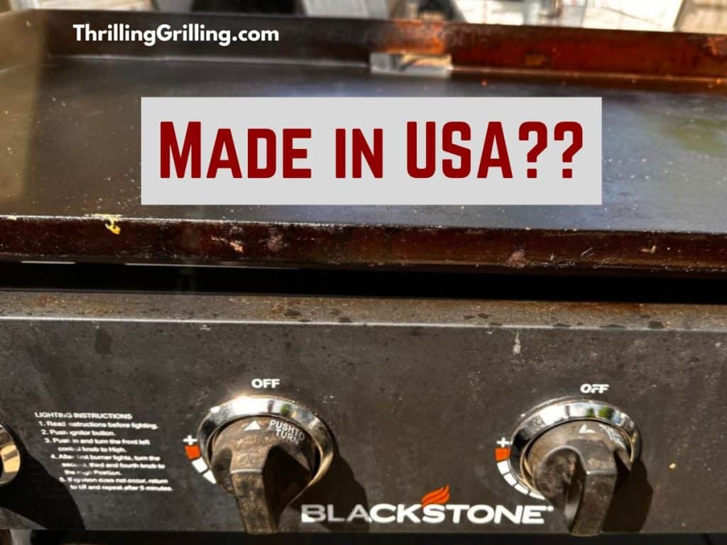 A well-used Blackstone grill with a caption that says "Made in USA??"