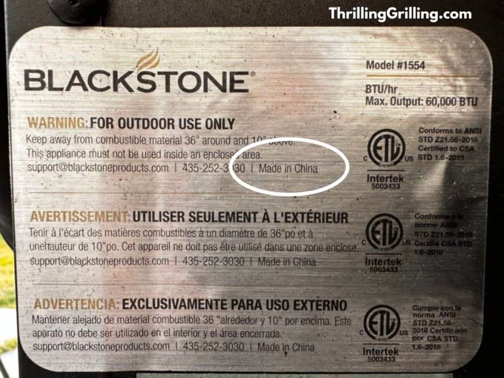 Label on a 36 inch Blackstone that clearly states "Made in China"