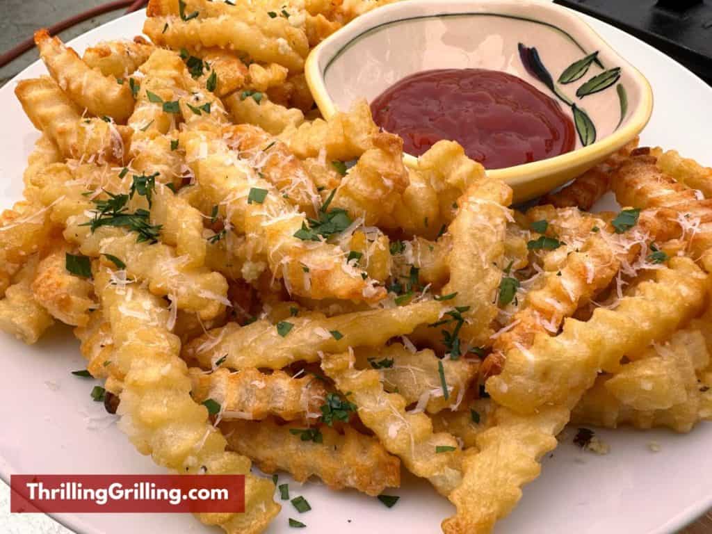 A plate of garlic parmesan fries with a side of ketchup.