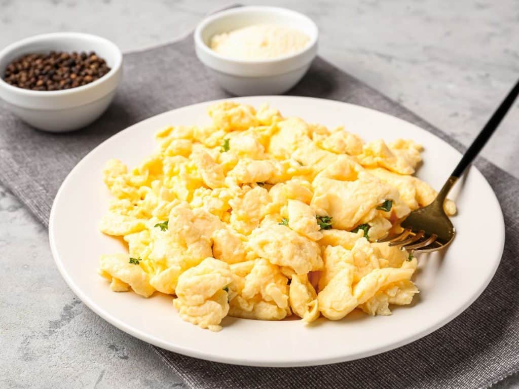 A white bowl full of fluffy Blackstone scrambled eggs.