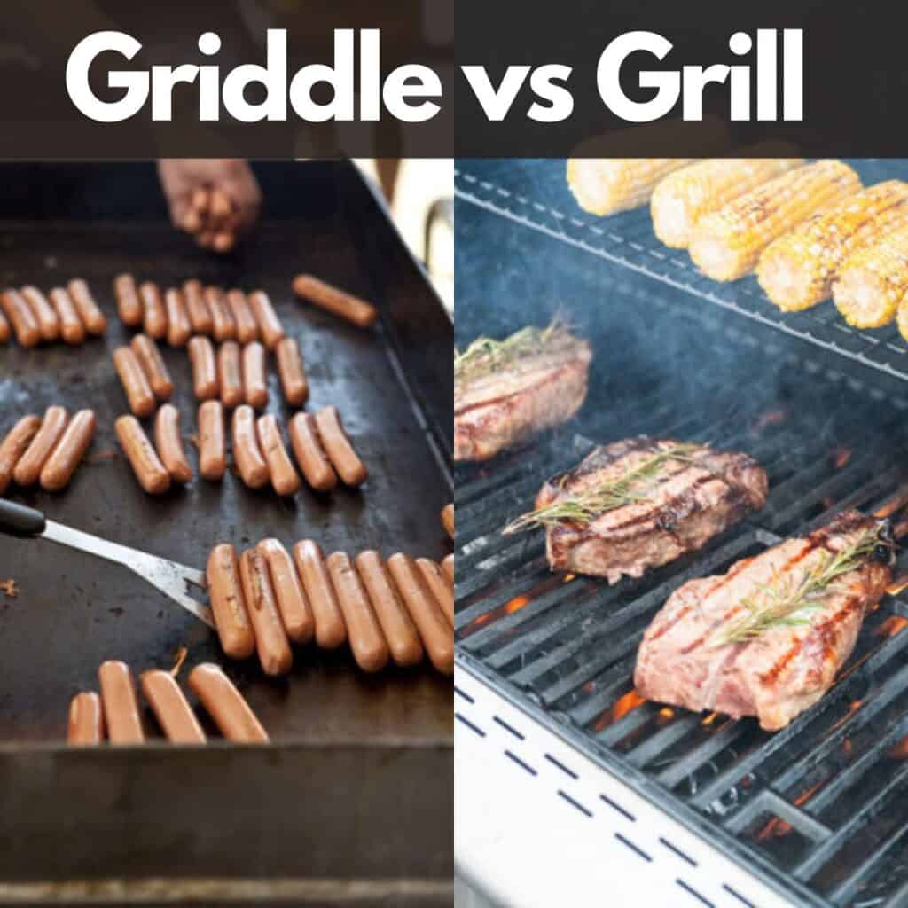 A split image showing a griddle on the left and a grill on the right with text of "Griddle vs Grill" on top
